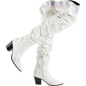 Women White Faux Suede Cowboy Boots Over The Knee Thigh High Western Boots